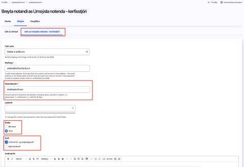 Ábendingakerfi - Listi yfir notendur - Breyta notanda sem kerfisstjóri - Breytingahamur