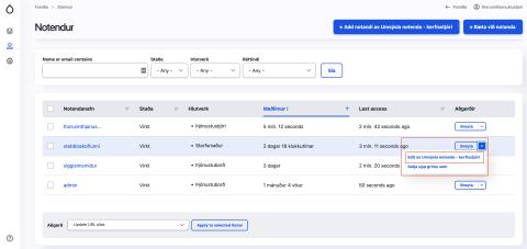 Ábendingakerfi - Listi yfir notendur - Breyta notanda sem kerfisstjóri